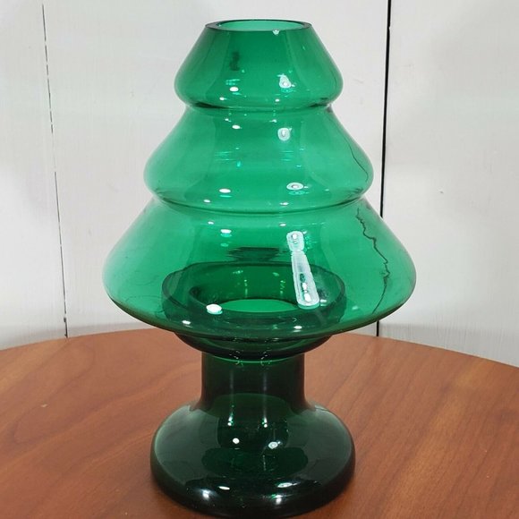 2 pc Hand Blown Green Glass Christmas Tree Candle Holder votive Elements 6.25" - Picture 3 of 11